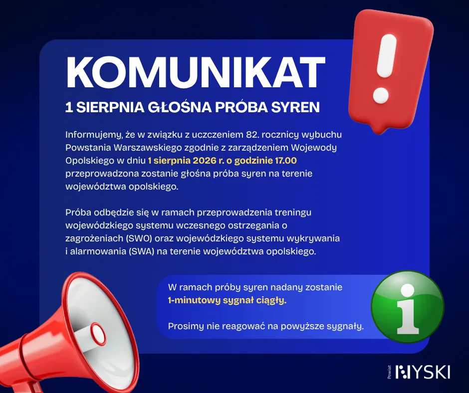 Plakat okazujący komunikat informujący o głośnej próbie syren 1 sierpnia